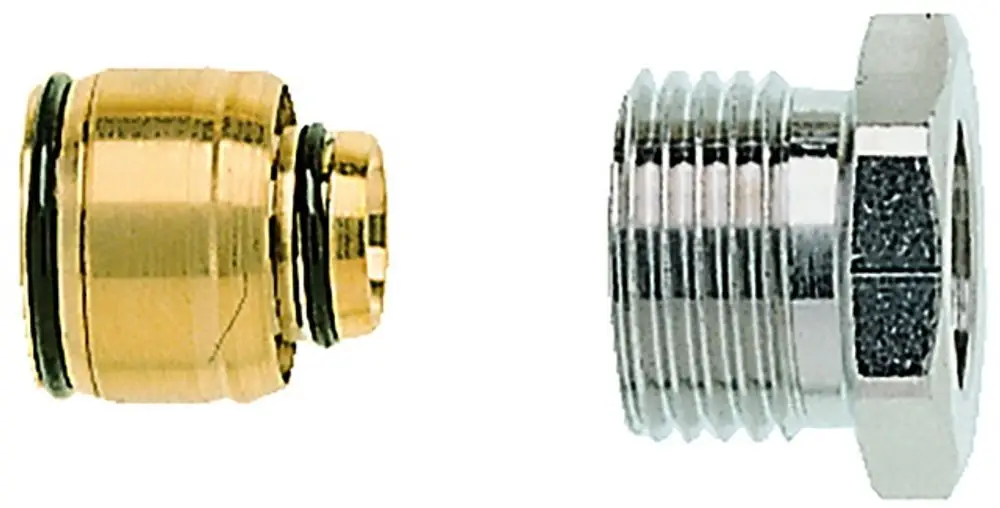 Vernickelte Klemmverschraubung mit zwei Teilen, zur Verbindung von Rohren. Teil für das Innengewinde ist klar erkennbar. Produkt von IMI Hydronic Engineering.